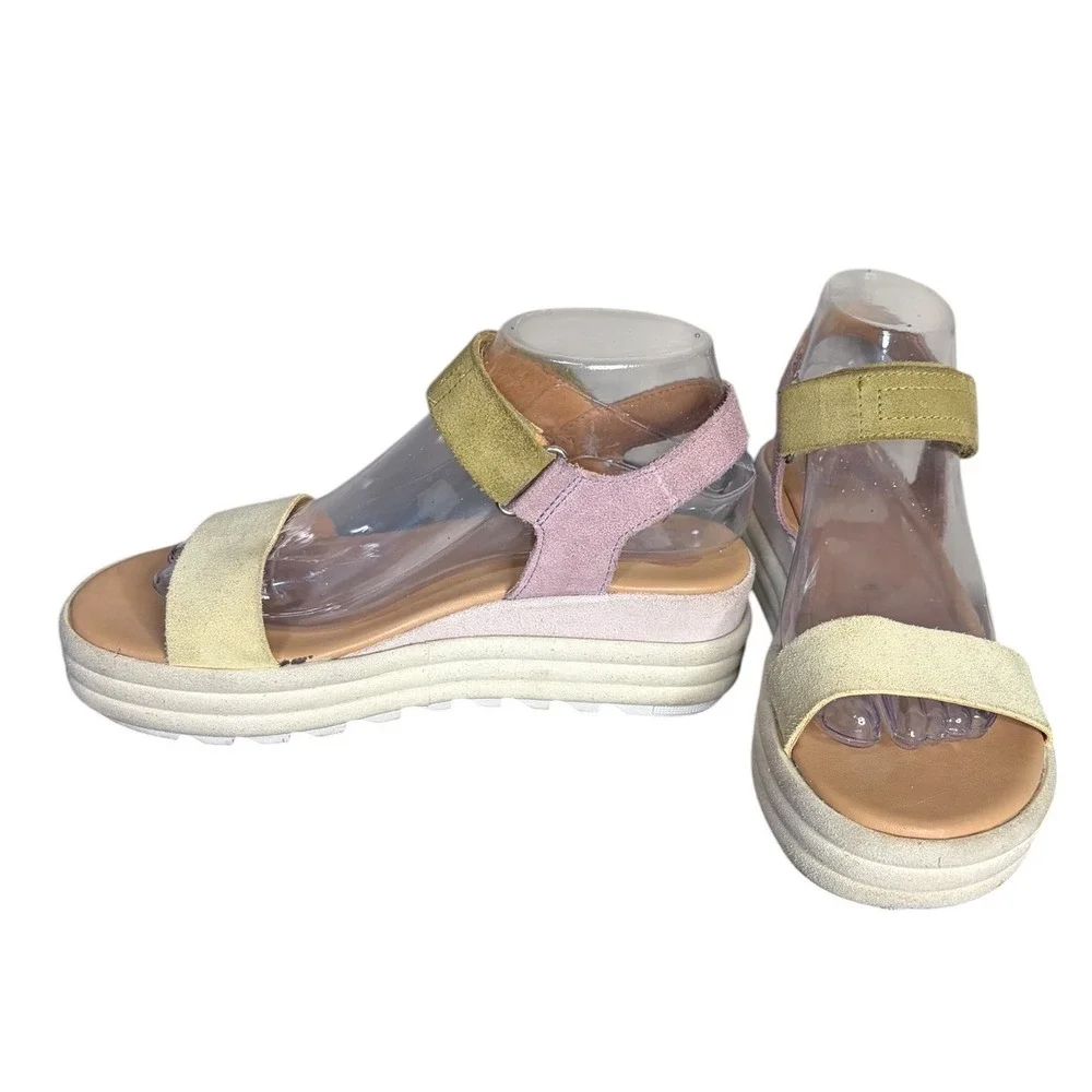 Sorel Pink Green Yellow Platform Suede Sandal Colorblock Women's Size 9